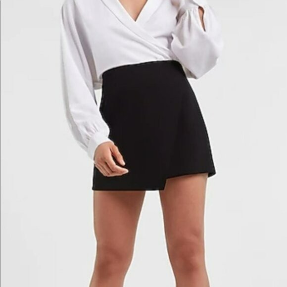 Ann Taylor Solid Black Faux Wrap Skirt-Shorts Pin-Up Mini Dress